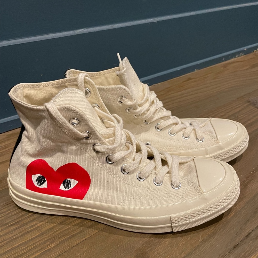 CDG PLAY Cream High-Top Sneakers with Red Heart